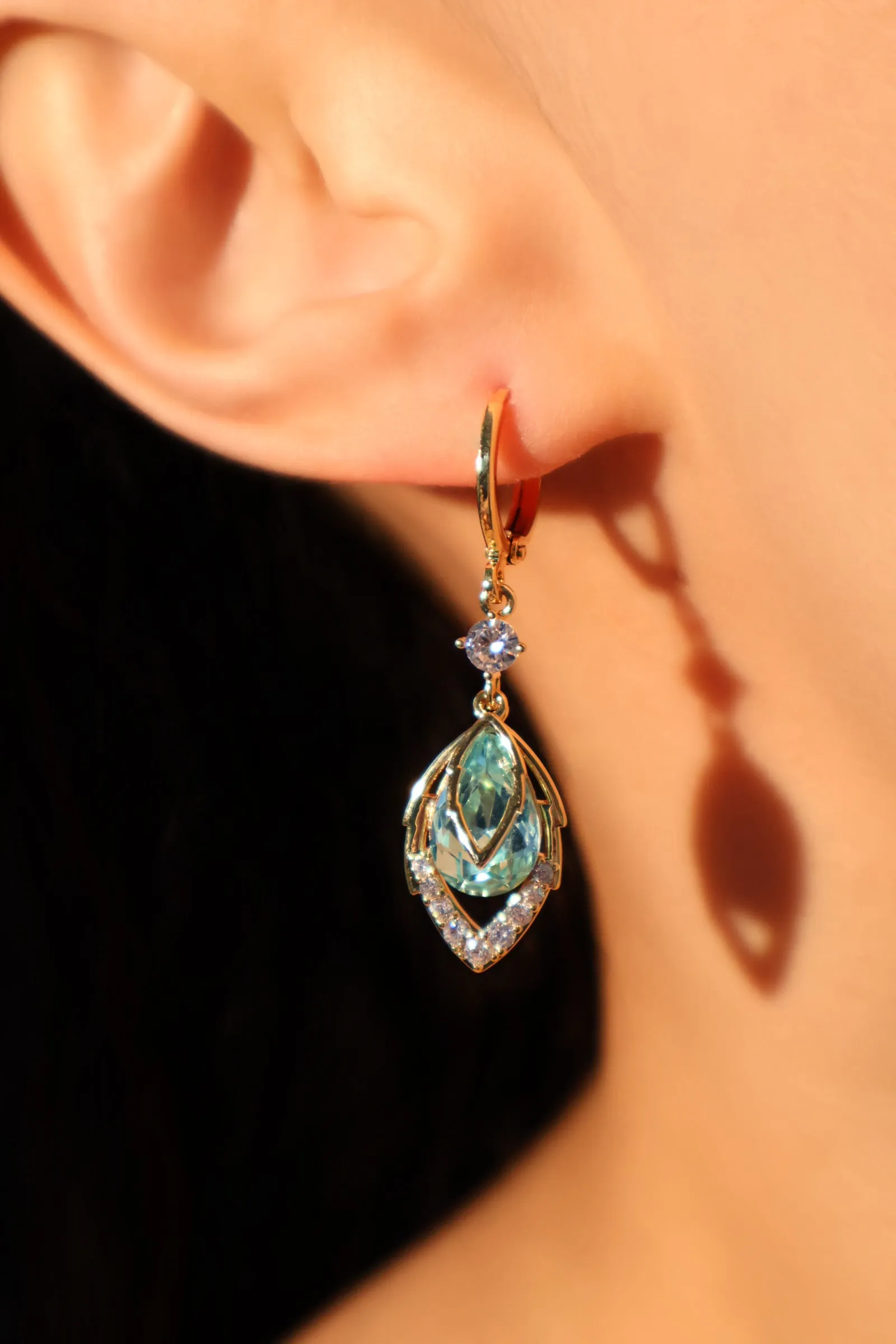 14K Real Gold Plated Blue Gem Droplet Earrings