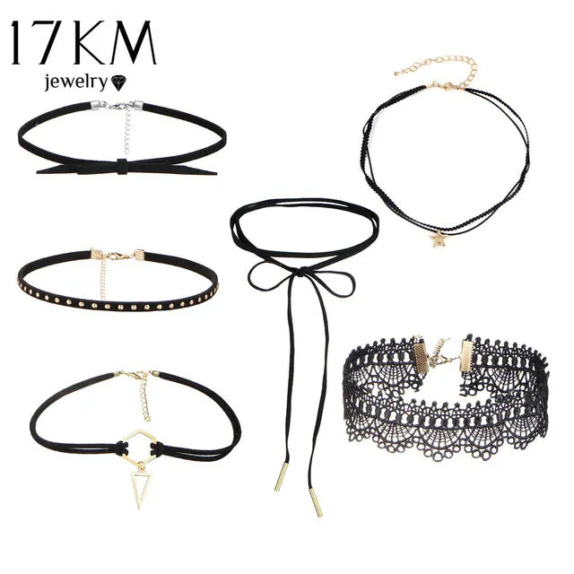 17KM Beads Crystal Heart Necklace Leather Lace Flower Choker Necklace for Women Stone Infinity Jewelry Gifts 6 PCS/set PU