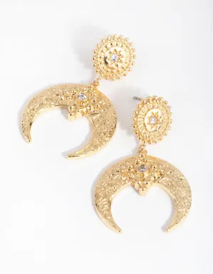 18ct Gold Plated Cubic Zirconia Textured Crescent Moon Earrings