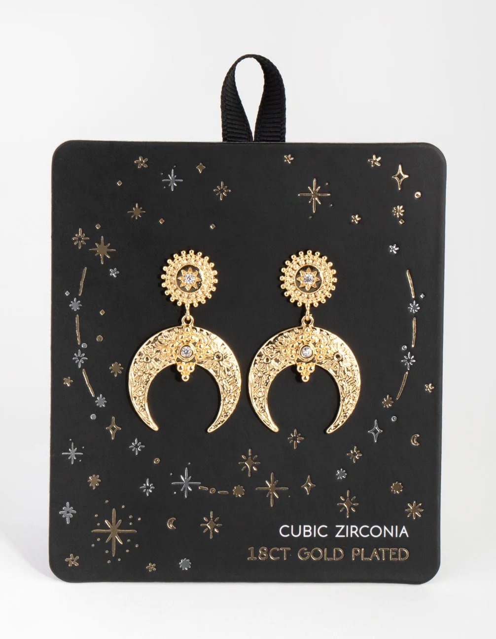 18ct Gold Plated Cubic Zirconia Textured Crescent Moon Earrings