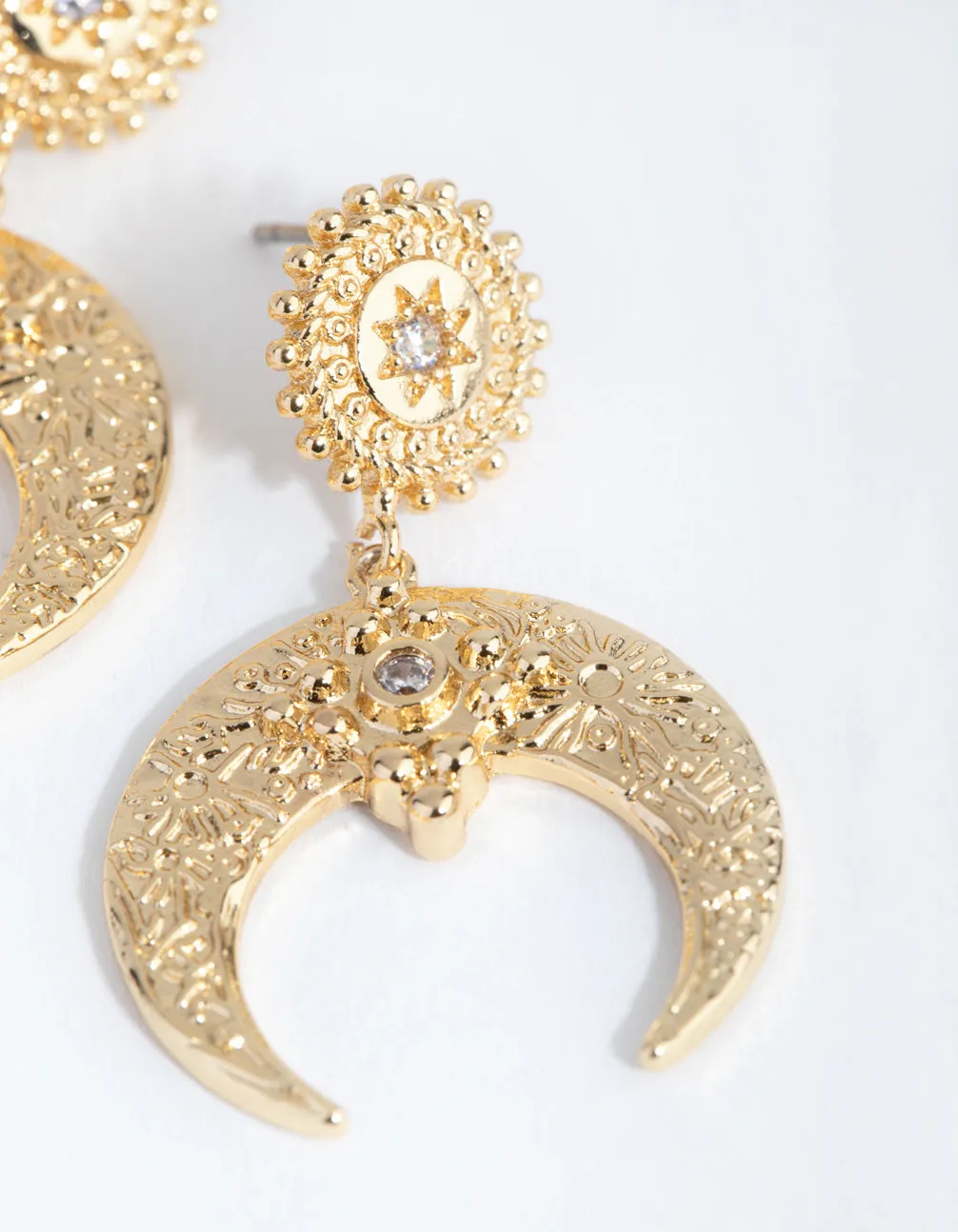 18ct Gold Plated Cubic Zirconia Textured Crescent Moon Earrings