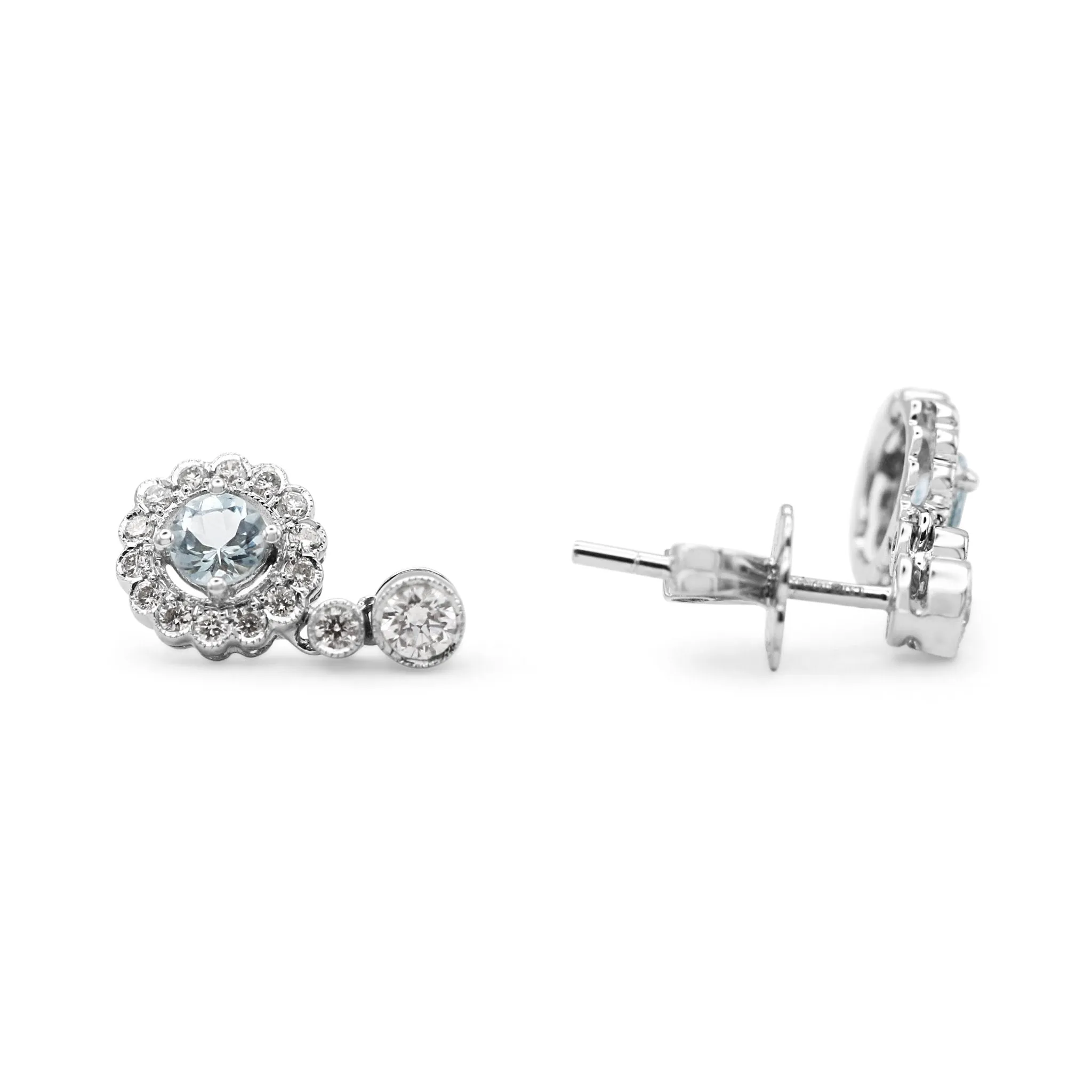 18ct White Gold Diamond & Aquamarine Cluster Drop Earrings