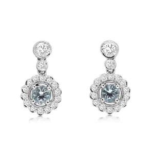 18ct White Gold Diamond & Aquamarine Cluster Drop Earrings