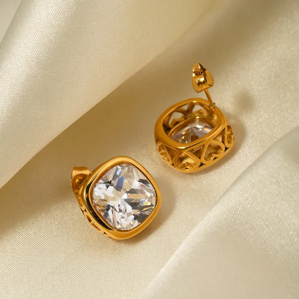 18k gold light luxury noble square hollow inlaid zircon design earrings necklace set