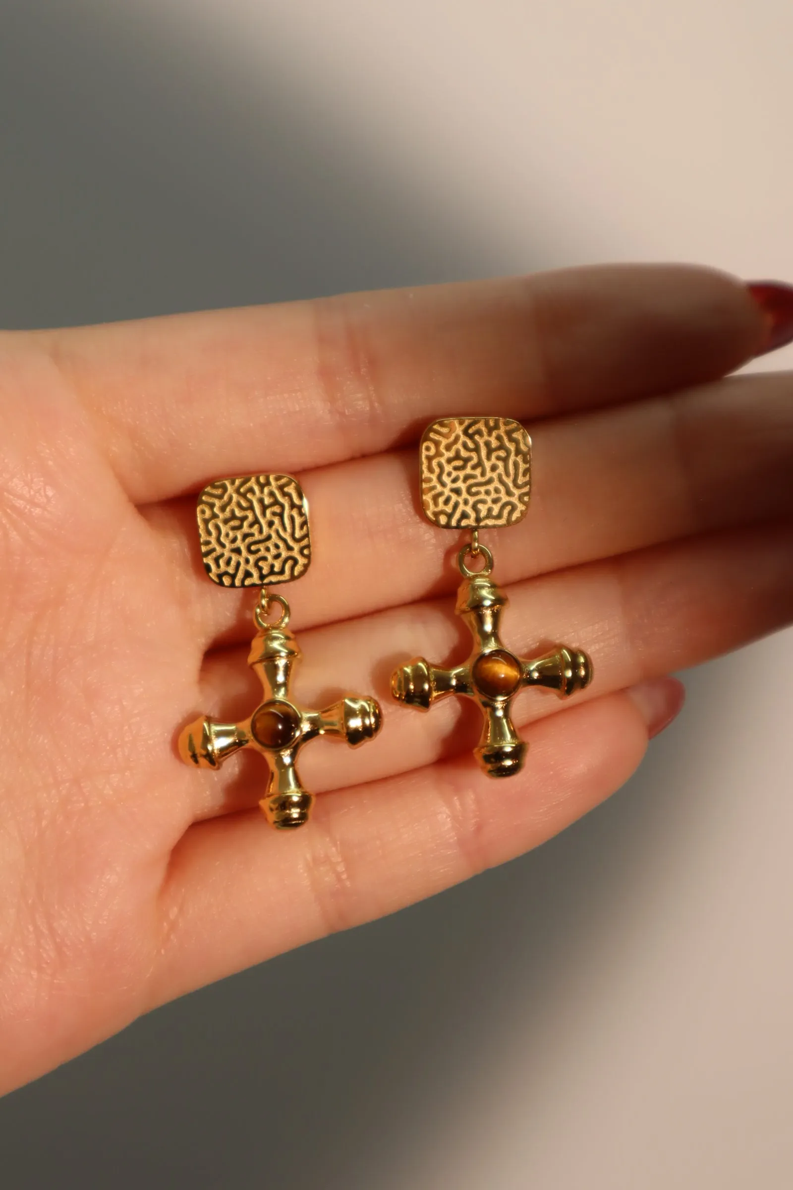 18K Gold Stainless Steel Tigerite Cross Earrings