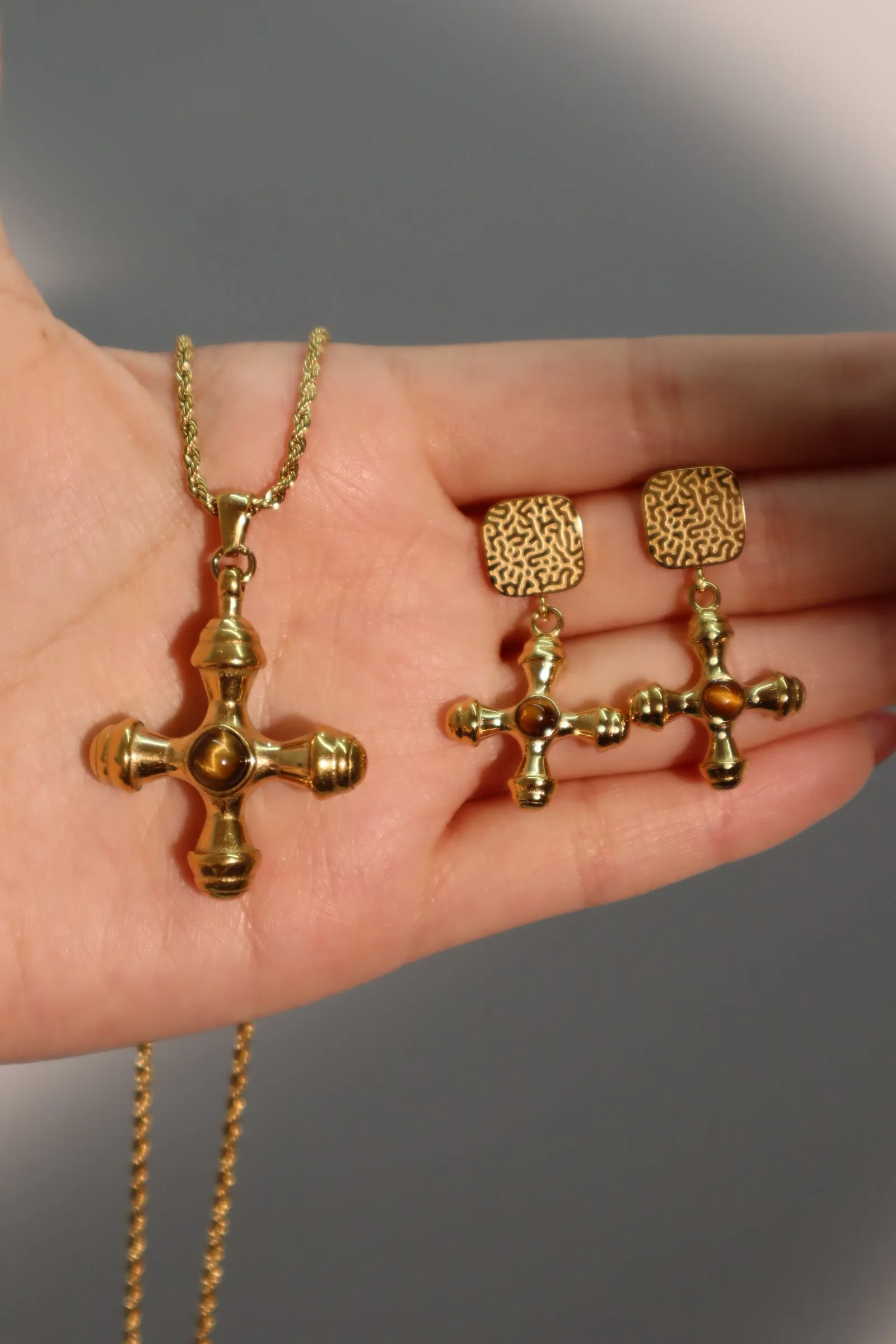 18K Gold Stainless Steel Tigerite Cross Earrings