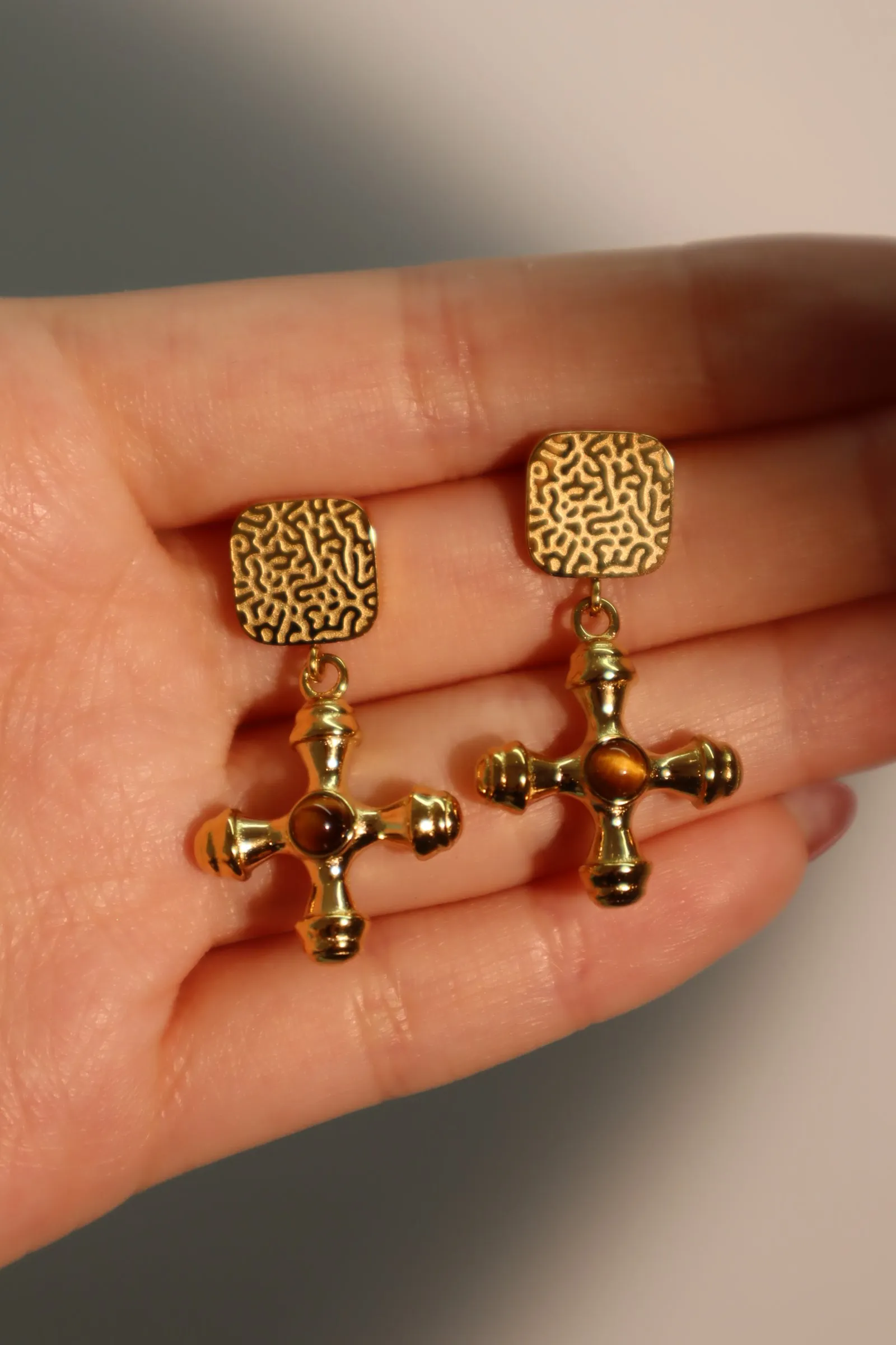 18K Gold Stainless Steel Tigerite Cross Earrings