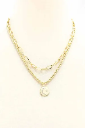 2 Layered Metal Chain Round Pendant Necklace