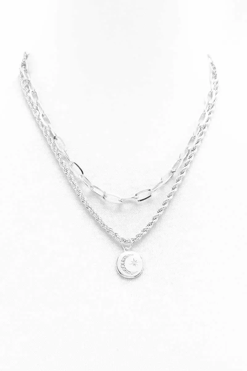 2 Layered Metal Chain Round Pendant Necklace