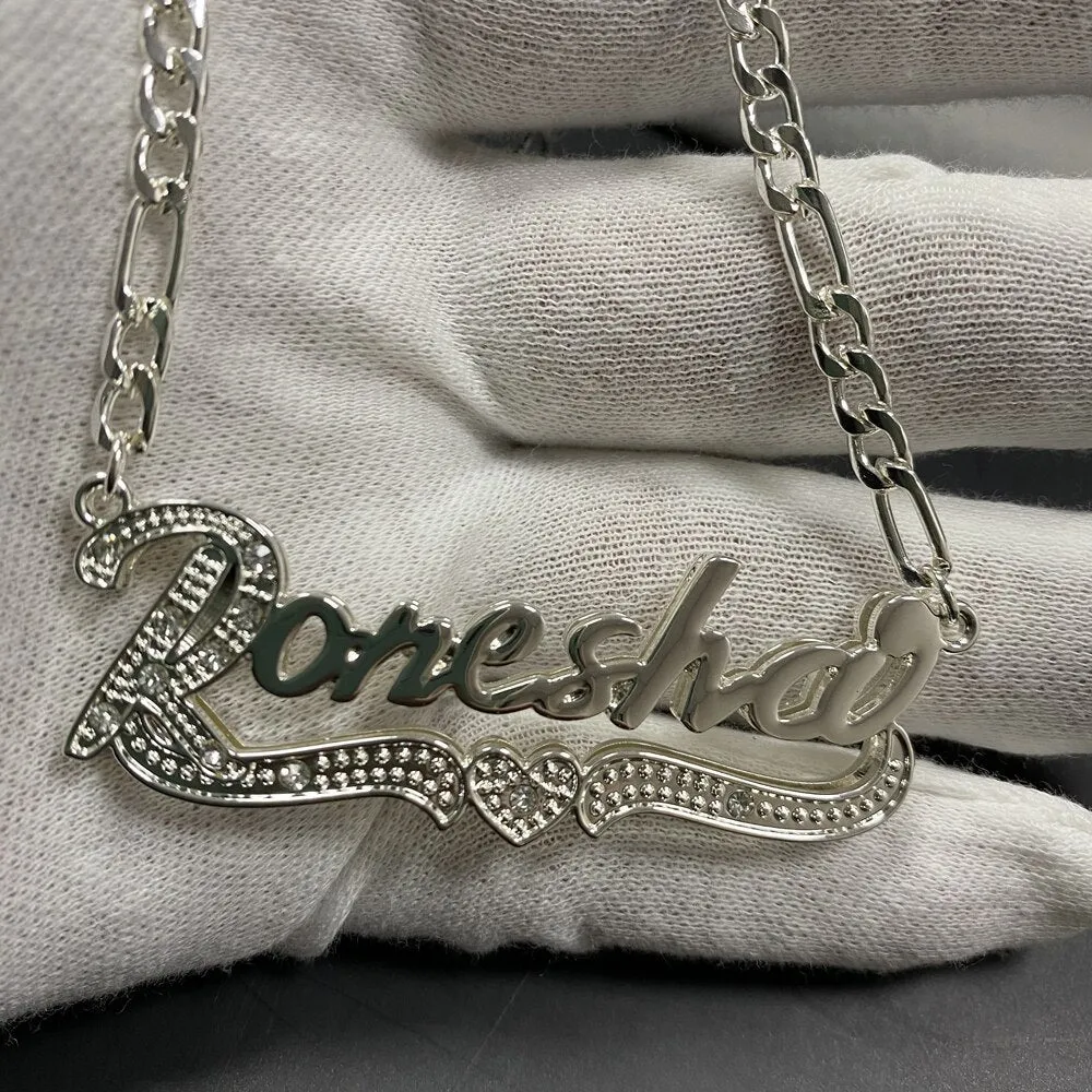 3D Name Necklace Custom Two Color Stainless Steel Double Layer Under Heart Necklace