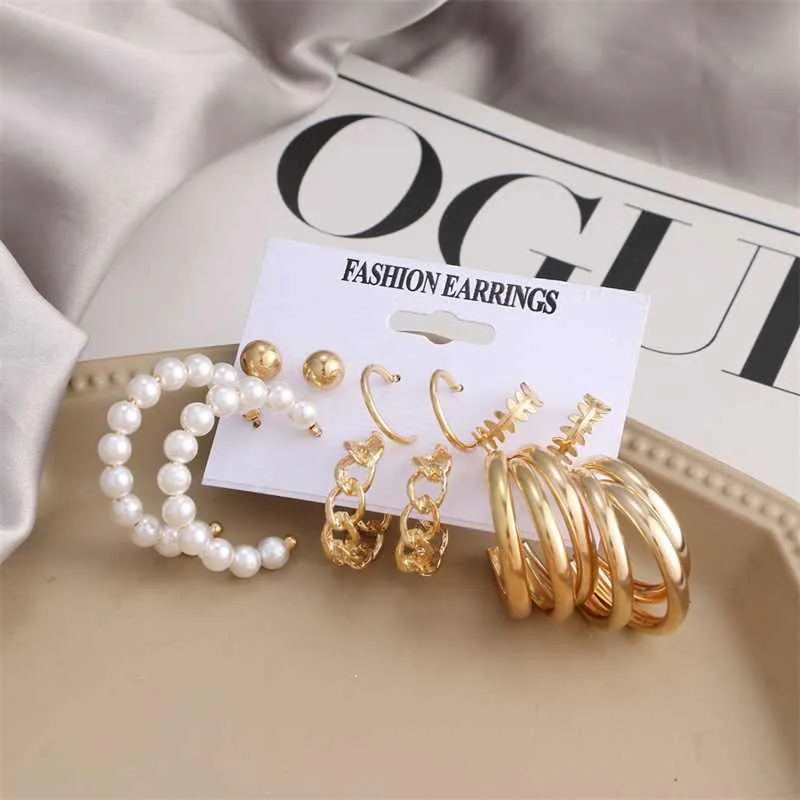 6 Pair Gold Plated Pearl Hoop Earrings Combo Set for Women and Girls