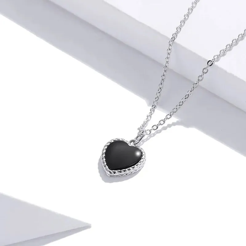 925 Sterling Silver Black Heart Love Pendant Vintage Necklace Women Statement Collares Jewelry Gift Noble