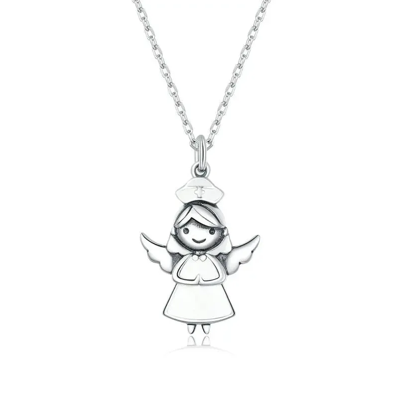 925 Sterling Silver Guardian Angel Chain Necklace White Enamel Jewelry Gift for Health Professional