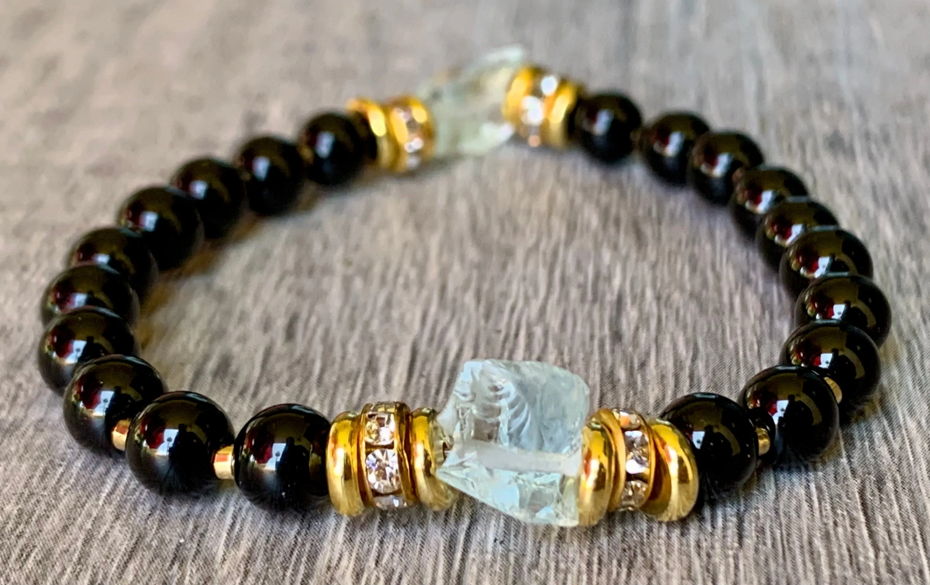 Addison Handmade Topaz, Black Tourmaline, and Gold Plated Hematite Expandable Bracelet