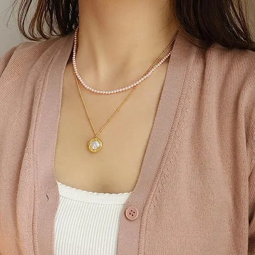 Aleasha 14" Faux Pearl Choker for Women 6mm Light Pink Pearl Strand Necklace Wedding Jewelry Gifts