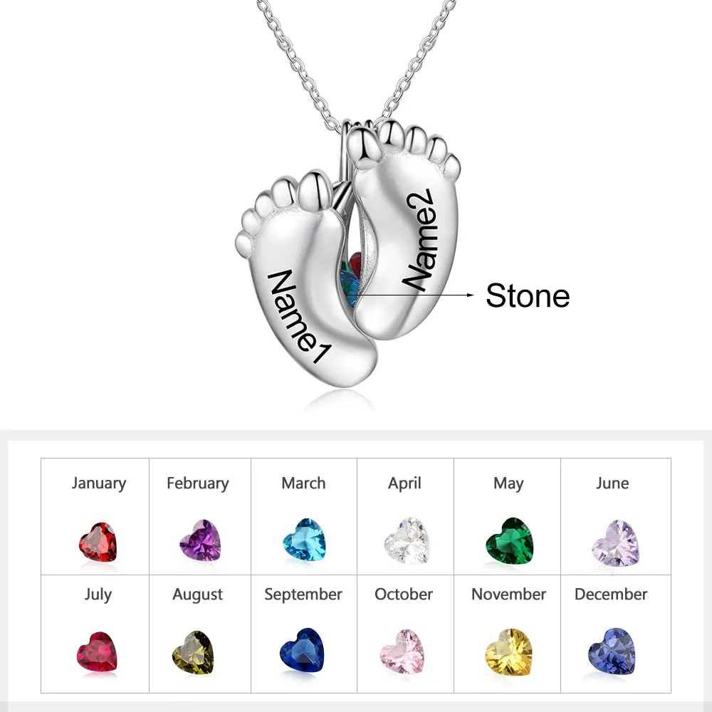 Baby Feet Engraving Name Pendant Customized Birthstone