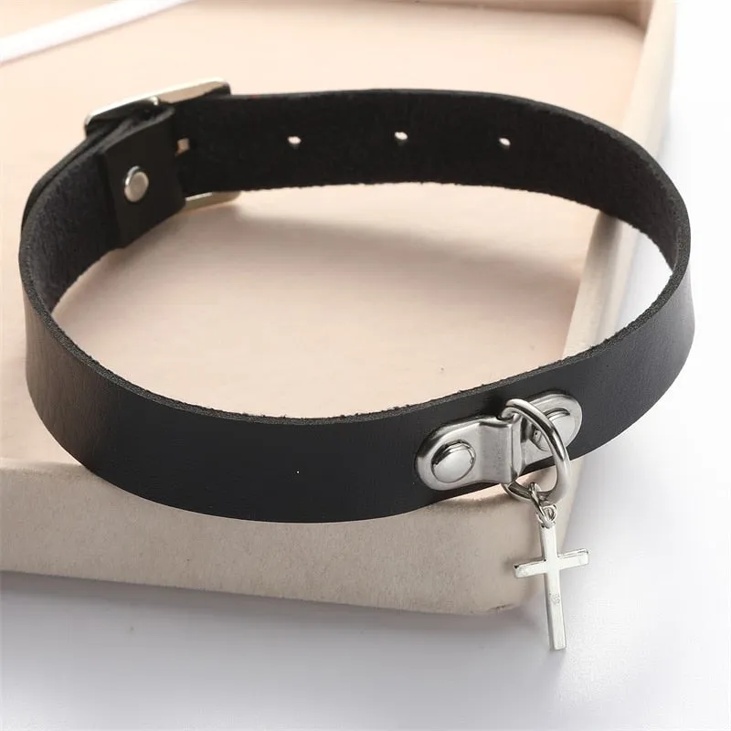 Black choker collar women/girls punk chocker cross rave  new leather choker Necklace 2020 neck goth jewelry