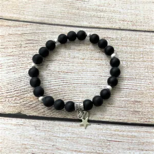 Black Onyx Matte and Silver Star Beaded Bracelet