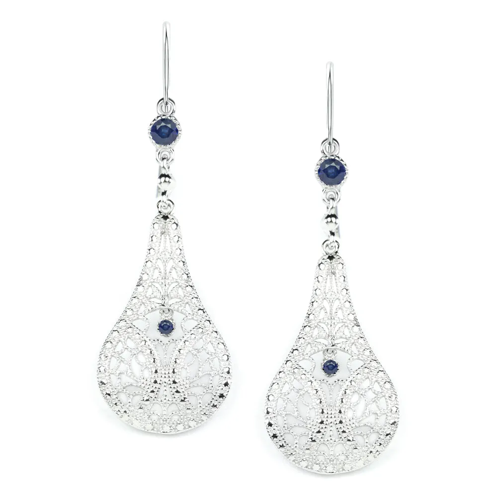 BLUE SAPPHIRE FILIGREE EARRINGS STERLING SILVER DANGLE TEARDROP VINTAGE STYLE