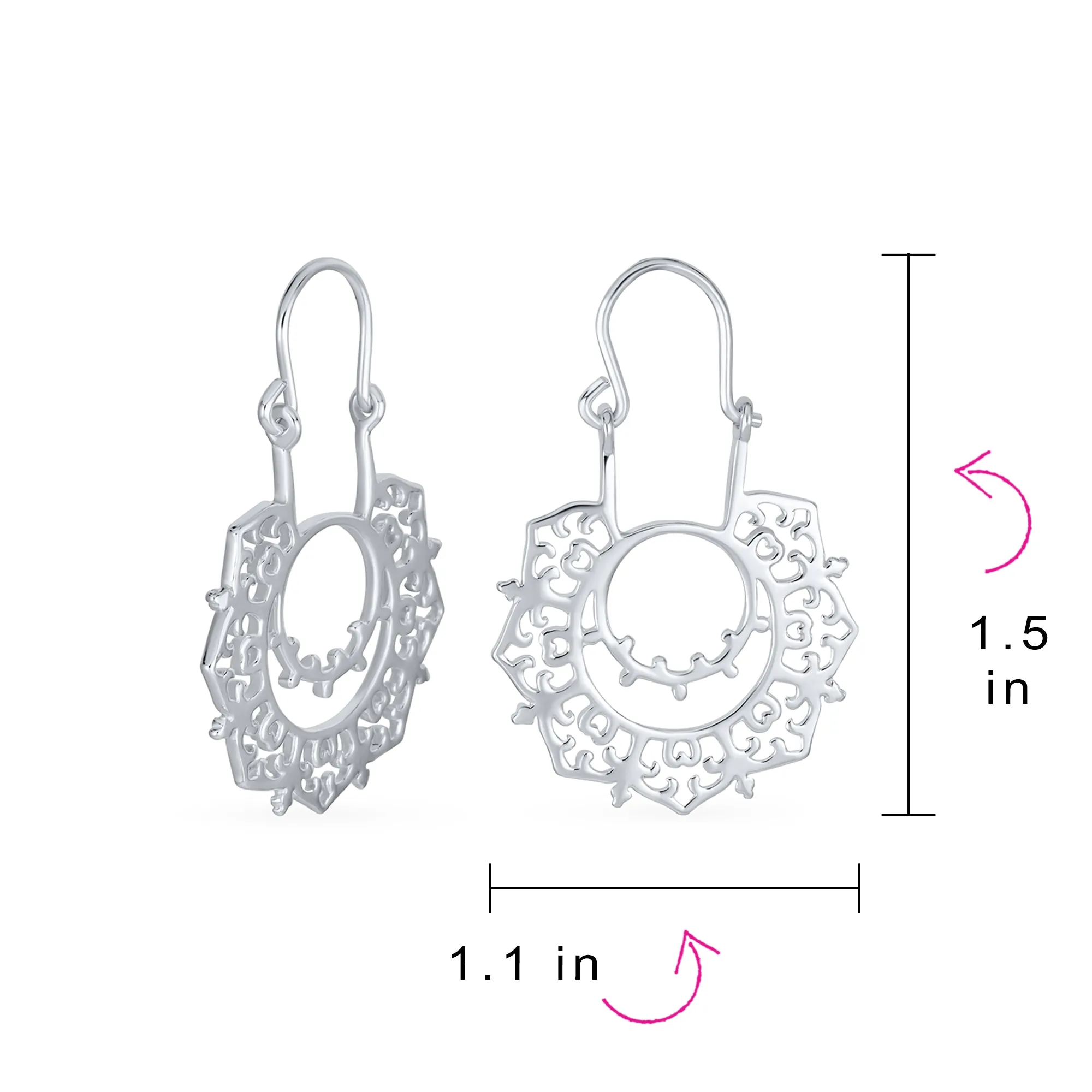 Boho Retro Filigree Mandala Dangle Earrings Sterling Silver Hoop Design