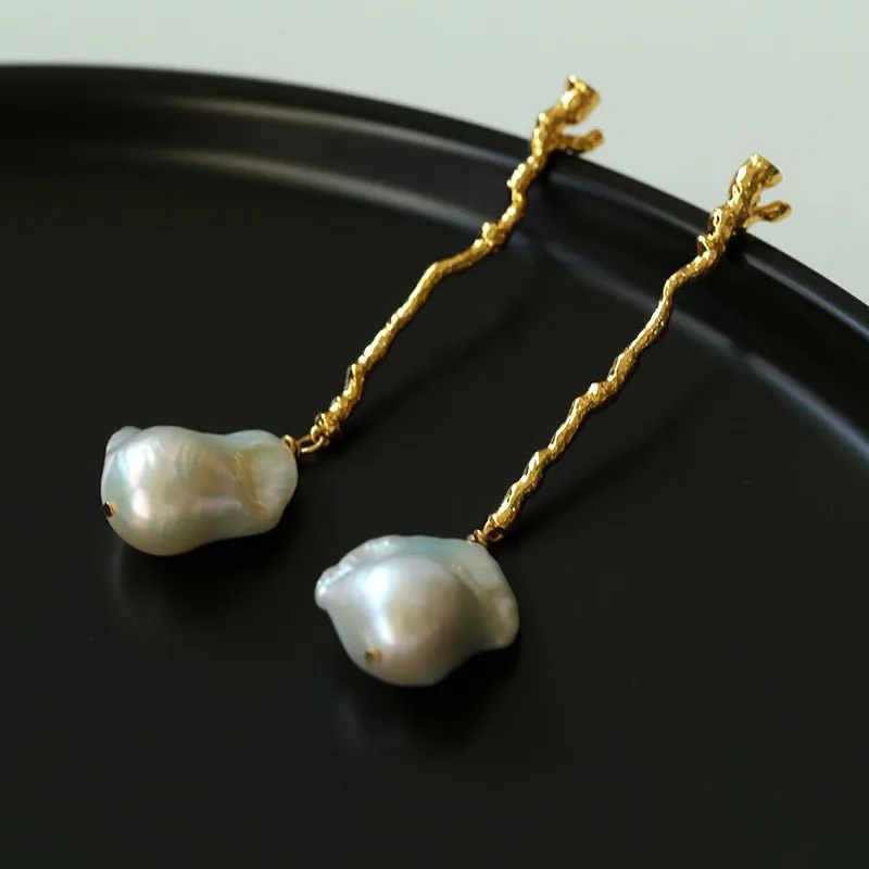 Branch Baroque Pearl Long Drop Earrings-Without Diamond