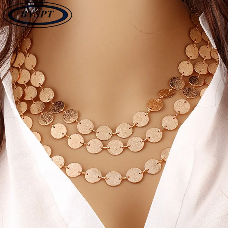 BYSPT Ethnic Coins Necklace Women Leaves Triangle Bar Round Chokers Statement Necklace multilayer Vintage Jewelry