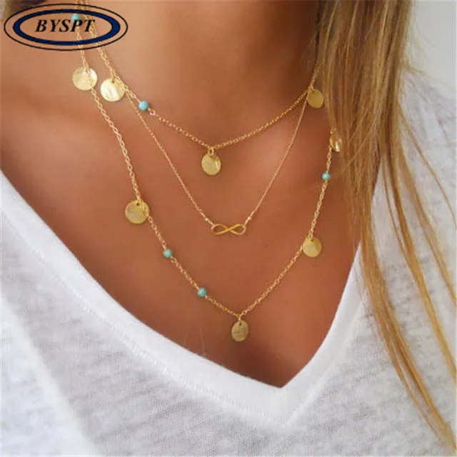 BYSPT Ethnic Coins Necklace Women Leaves Triangle Bar Round Chokers Statement Necklace multilayer Vintage Jewelry