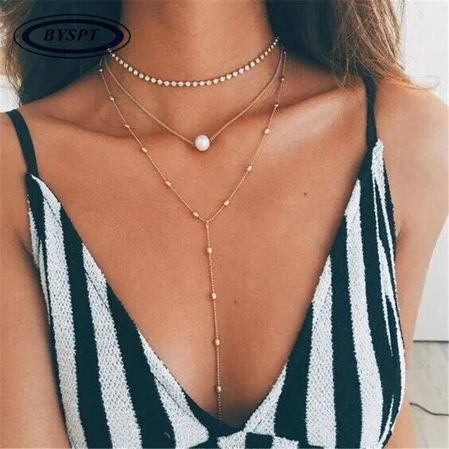 BYSPT Ethnic Coins Necklace Women Leaves Triangle Bar Round Chokers Statement Necklace multilayer Vintage Jewelry