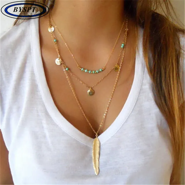 BYSPT Ethnic Coins Necklace Women Leaves Triangle Bar Round Chokers Statement Necklace multilayer Vintage Jewelry