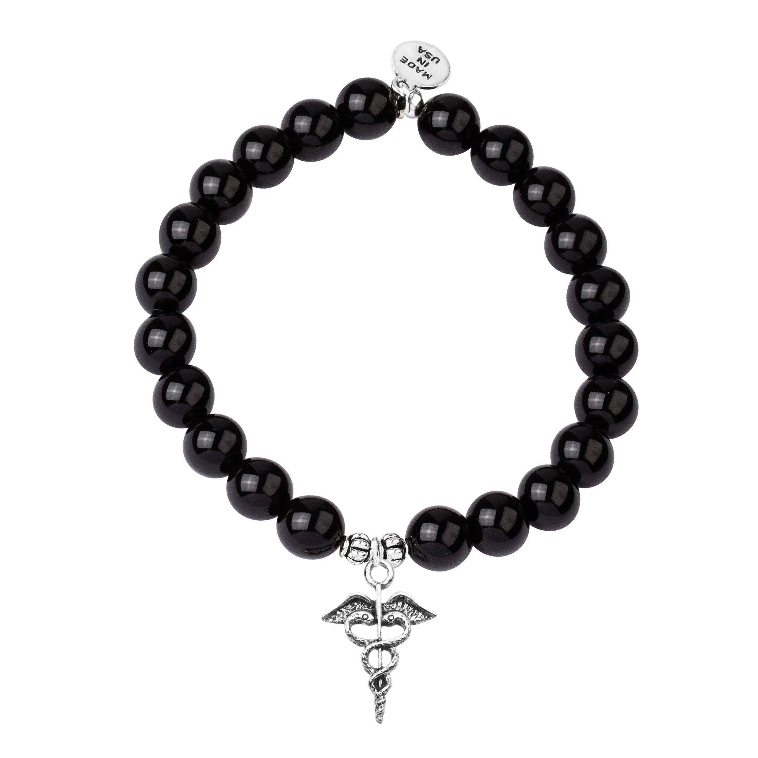 Caduceus (Medical Symbol) | Stone Beaded Charm Bracelet |  Onyx