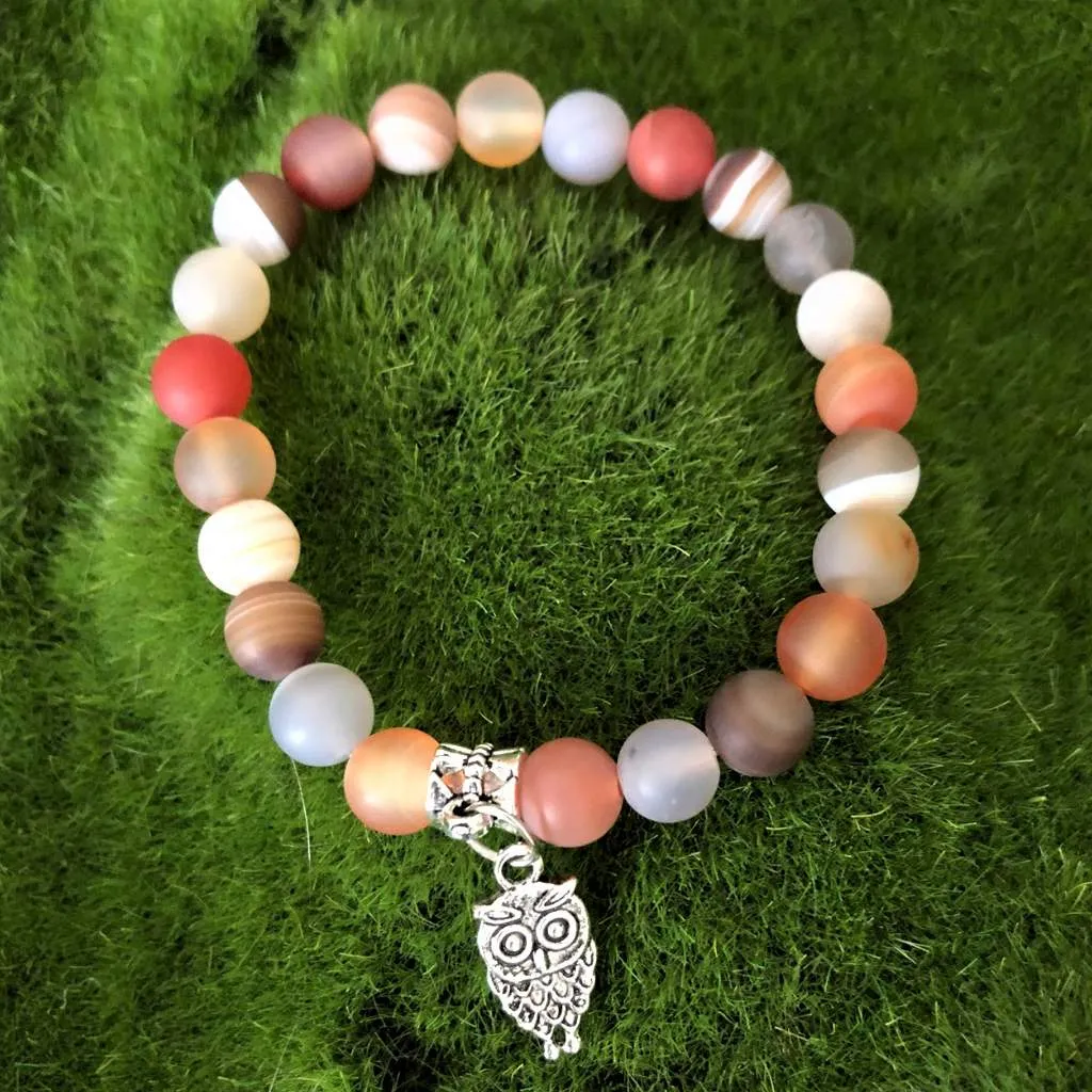 Carnelian Matte Agate Beaded Bracelet with Silver Owl Charm