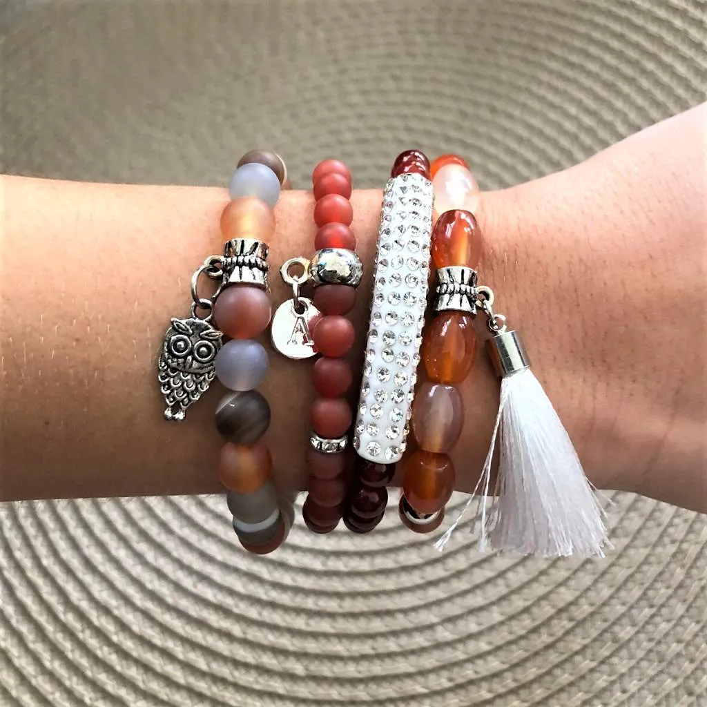 Carnelian Matte Agate Beaded Bracelet with Silver Owl Charm