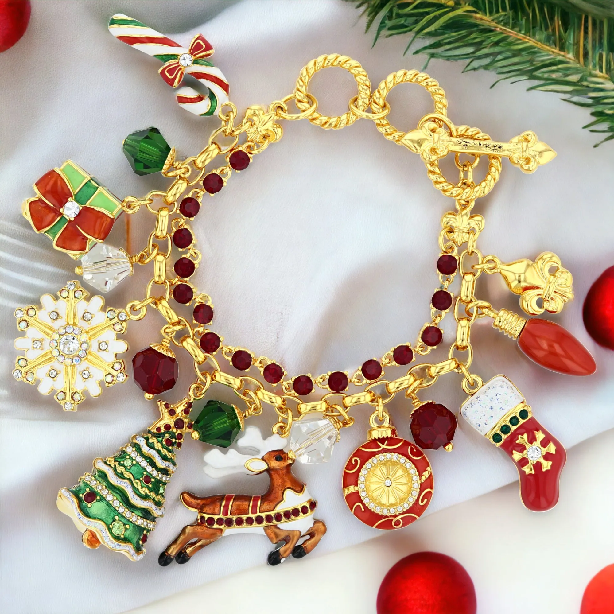 Christmas Gift Charm Bracelet by Ritzy Couture DeLuxe – 22k Gold Layered Brass