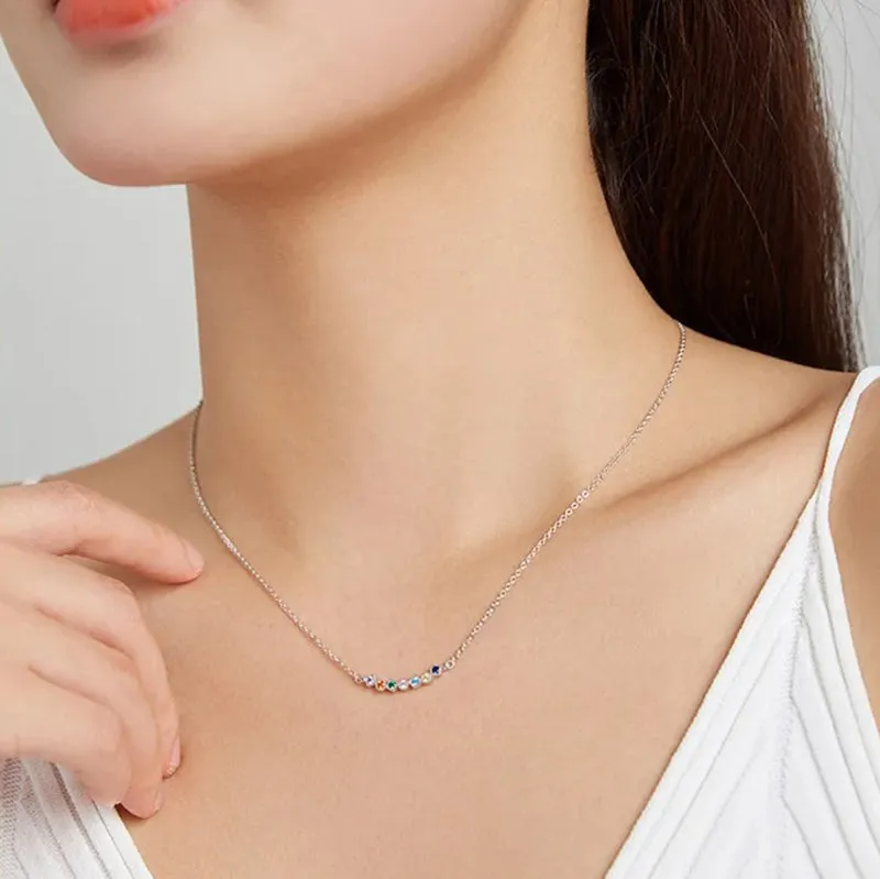 Colorful Rainbow 925 Sterling Silver Necklace Twinkle Shiny Zircon Attractive Cute Necklace for Women Jewelry Girl