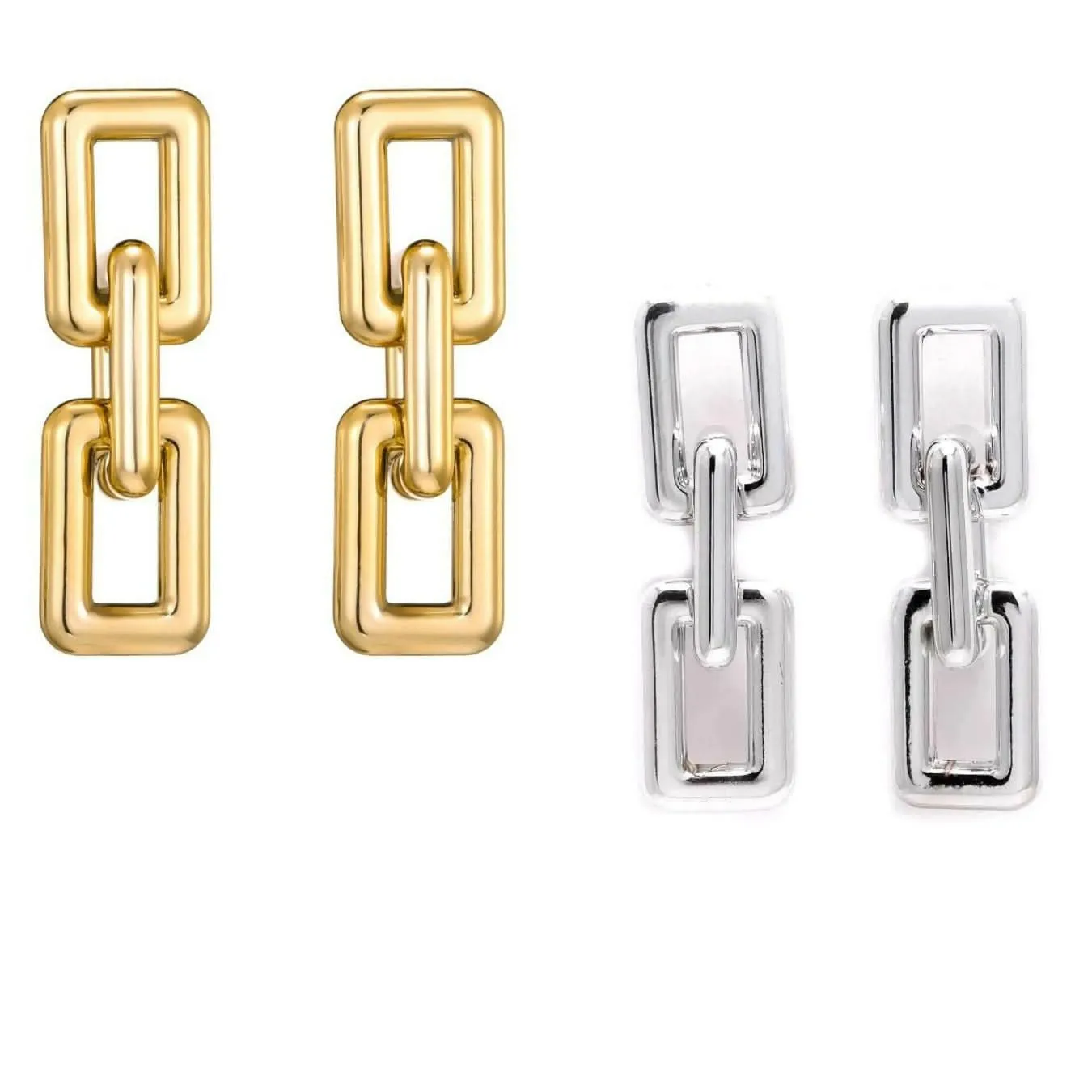 Contemporary Geometric Link Earrings Set – Gold and Silver Rectangle Chain Design Set of 2