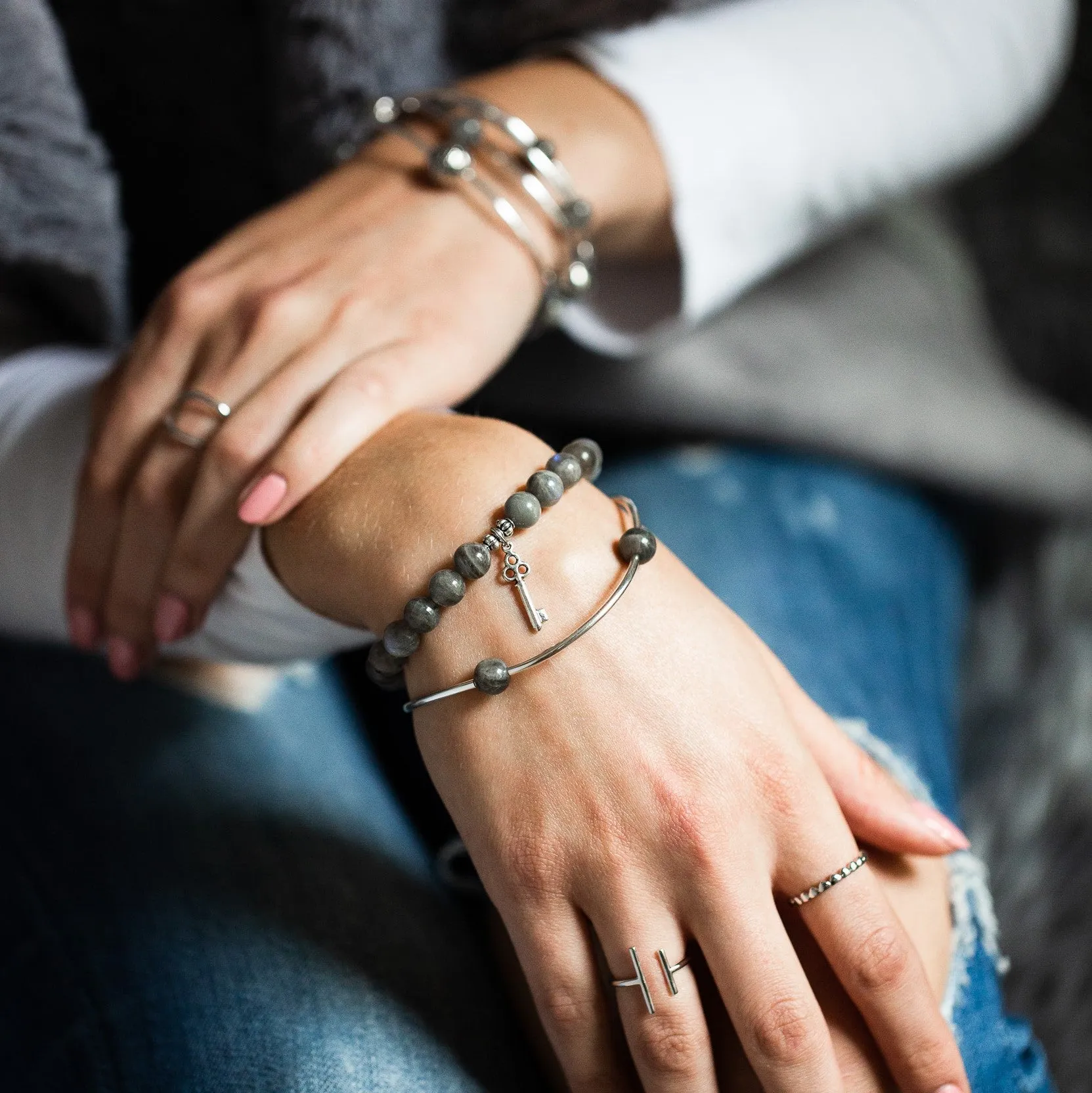 Cross | Stone Beaded Charm Bracelet | Amazonite