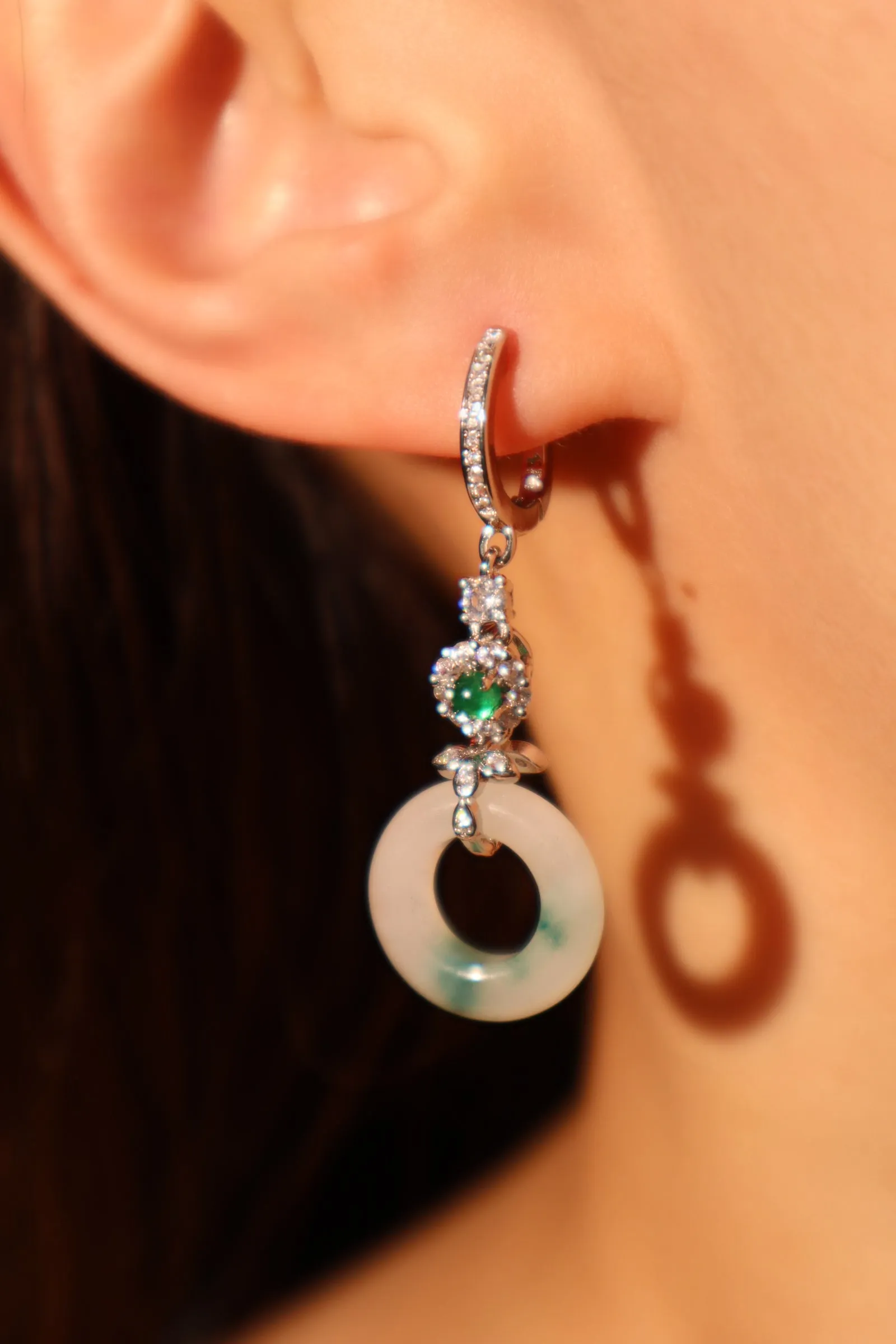 Diamond Flower Jade Hoop Earrings