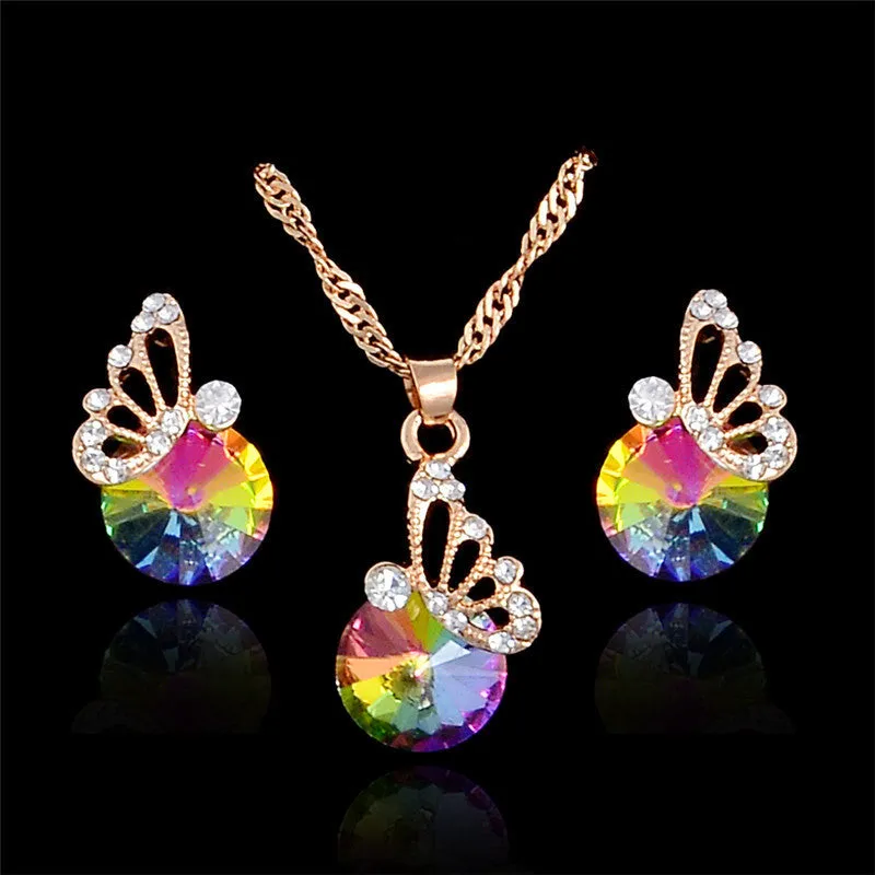 Elegane Colorful Zircon Jewelry Set Wedding Jewelry Set Crystal Butterfly Necklace Earrings Bijoux Femme Indian Jewelry