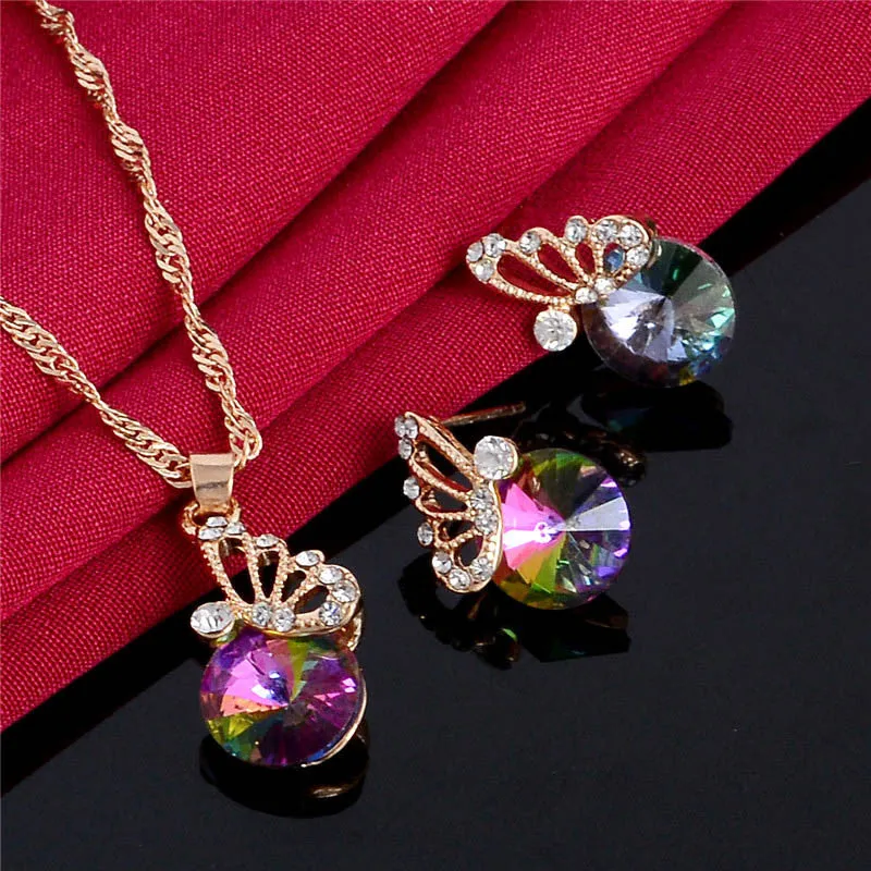 Elegane Colorful Zircon Jewelry Set Wedding Jewelry Set Crystal Butterfly Necklace Earrings Bijoux Femme Indian Jewelry