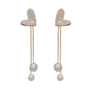 Elegant Heart Drop Earrings with Pearl Chain Accent-jlt11598