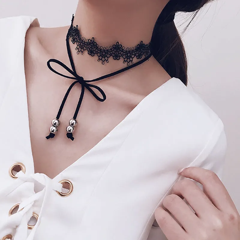 Elegant Sexy Black Lace Choker Faux Suede Tie Bow Gothic Choker Beaded Double Wrap Chokers 2016 New Necklace Jewelry for Women