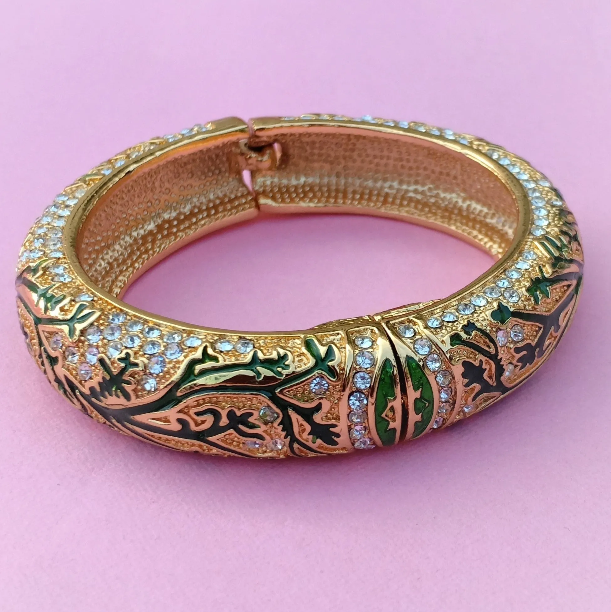 Estele Gold Plated Artistic Leafy Traditional Kada 2:6 Size Bangle Bracelet with Green Enamel | Perfect Fit & Timeless Elegance for Women