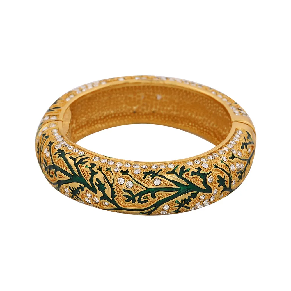 Estele Gold Plated Artistic Leafy Traditional Kada 2:6 Size Bangle Bracelet with Green Enamel | Perfect Fit & Timeless Elegance for Women