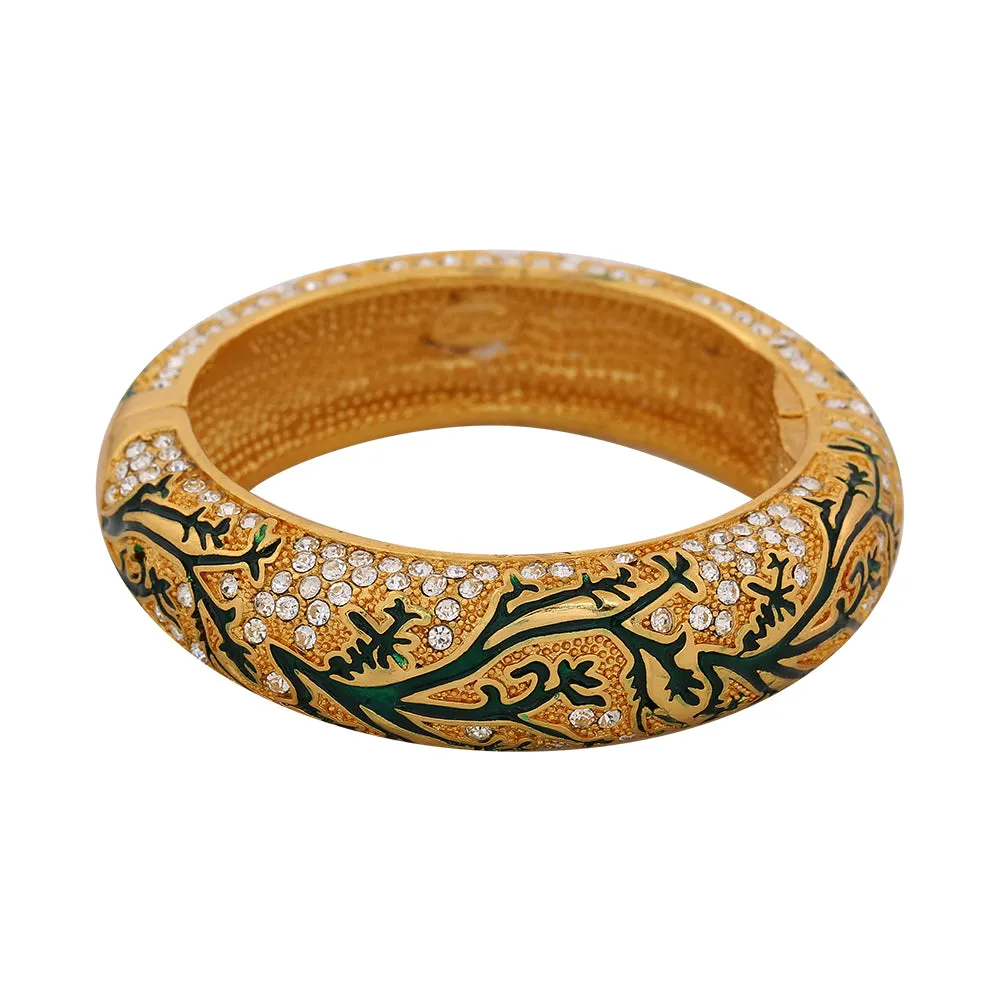 Estele Gold Plated Artistic Leafy Traditional Kada 2:6 Size Bangle Bracelet with Green Enamel | Perfect Fit & Timeless Elegance for Women