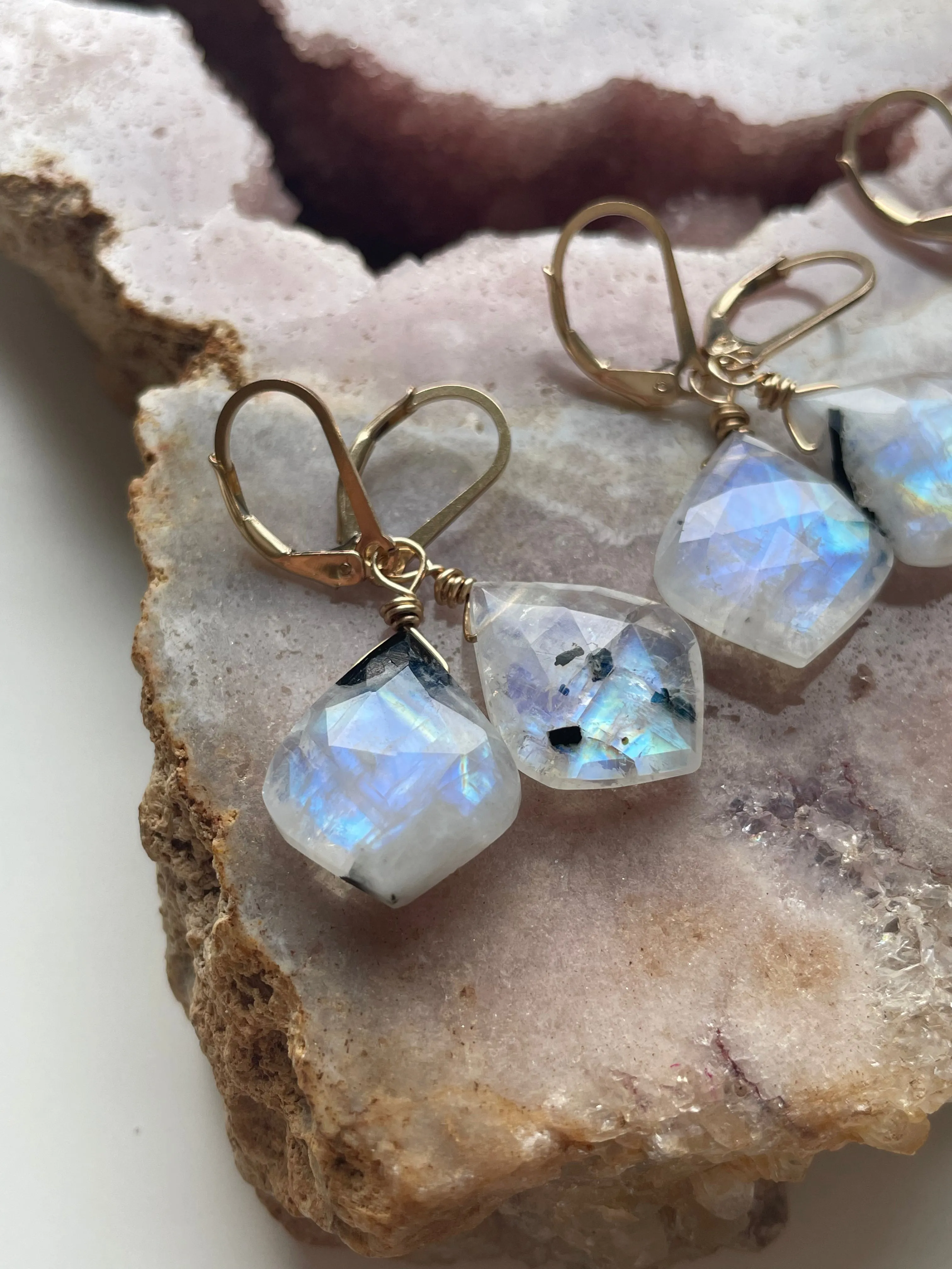 Faceted Rainbow Moonstone Drop Earrings Lever back  in Gold Fill or Sterling Silver