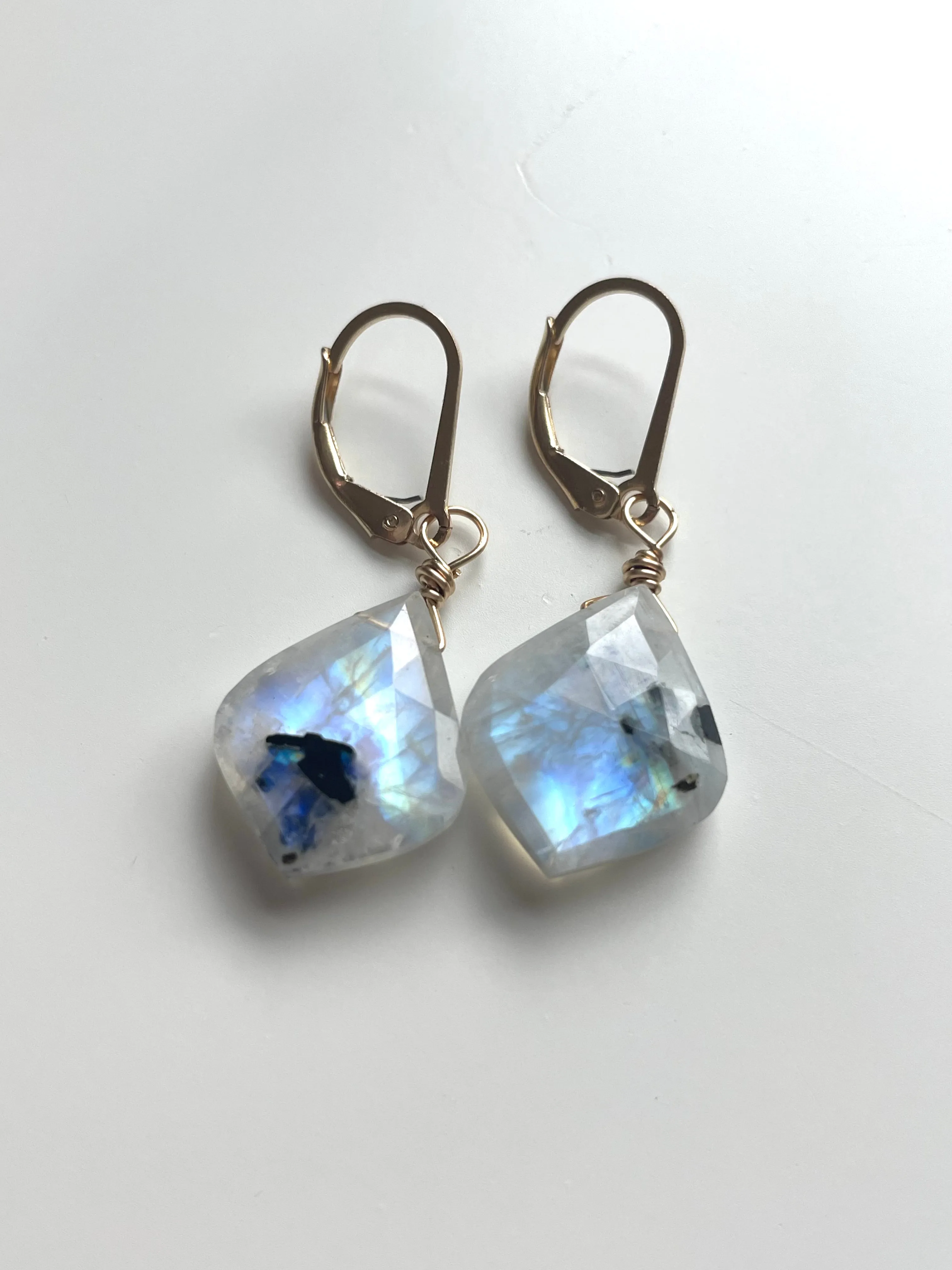 Faceted Rainbow Moonstone Drop Earrings Lever back  in Gold Fill or Sterling Silver