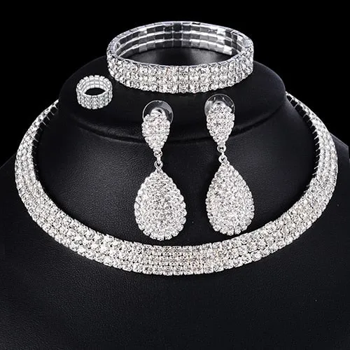 Fine Jewelry Luxury Glamour, Stunning 4 Piece Set Perfect for Evening or Wedding. Bridal Jewelry Sets Necklace Bracelet Ring Earring Set Silver Crystal Jewelry