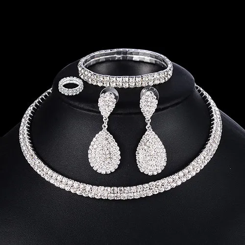 Fine Jewelry Luxury Glamour, Stunning 4 Piece Set Perfect for Evening or Wedding. Bridal Jewelry Sets Necklace Bracelet Ring Earring Set Silver Crystal Jewelry