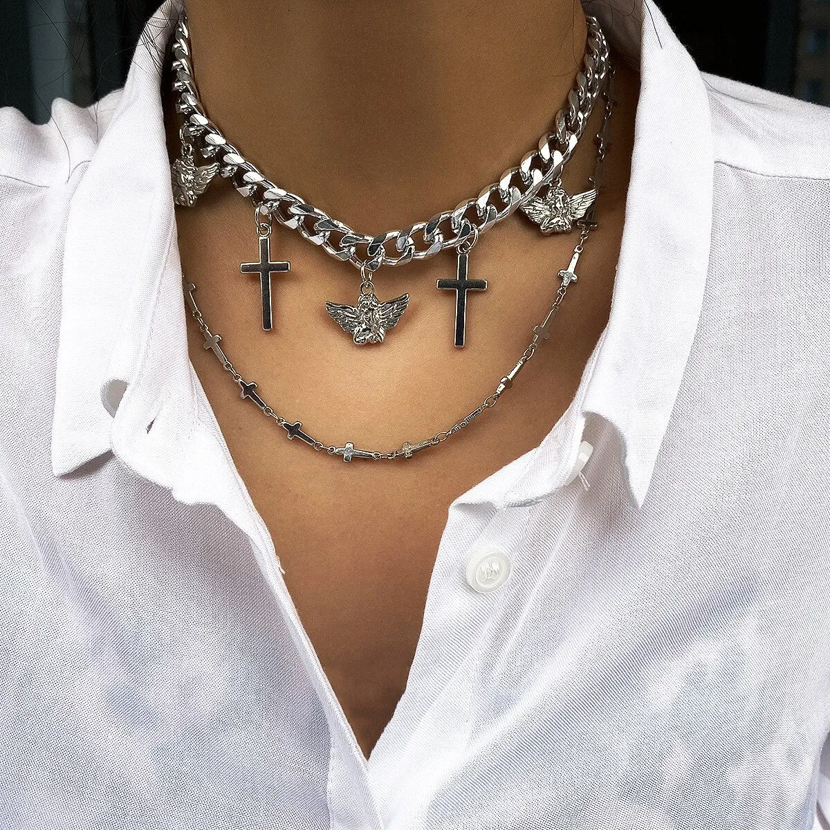 Flytonn Cross Angel Necklace  Pendant Layered Necklace Chains Chokers Necklaces For Women Gothic Jewelry Accessories