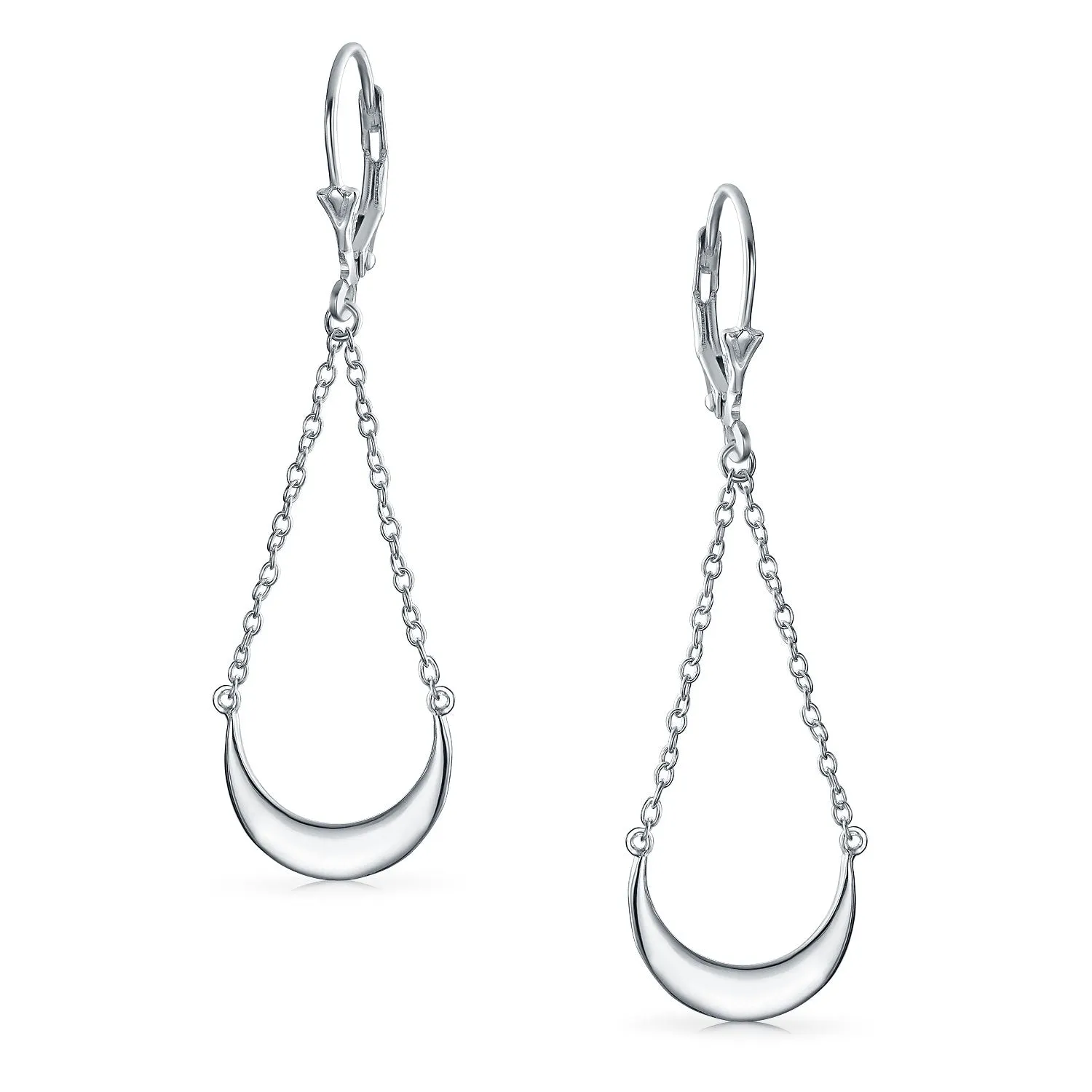 Geometric Chain Crescent Moon Dangling Earrings .925Sterling Silver